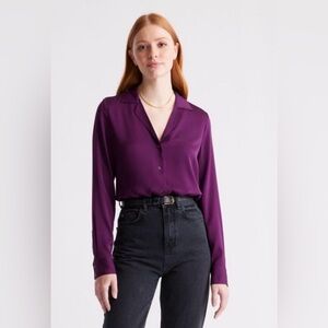 Quince Washable Stretch Silk Notch Collar Blouse - Aubergine